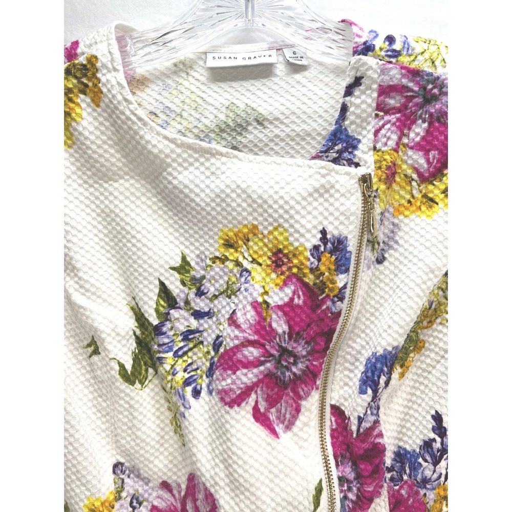 Susan Graver Floral Moto Jacket White Textured Waffle Knit Asymmetric Zip Size 6 - Picture 2 of 15